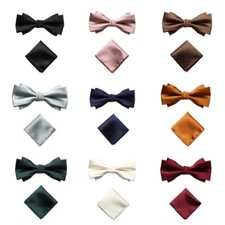 Men's Solid Bowtie Hanky Wedding Party Bow Tie Pocket Square Handkerchief Set
