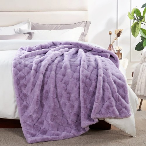 Soft Fuzzy Warm Throw Blanket Jacquard Rabbit Faux Fur with Micromink Backing - Picture 129 of 197