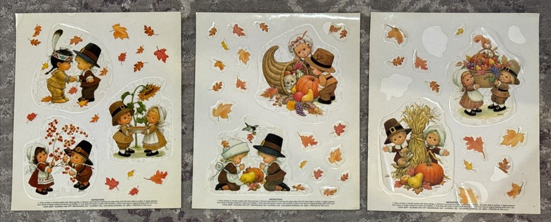 Vintage 90s Thanksgiving Precious Moments Cute Fall Window Cling Set