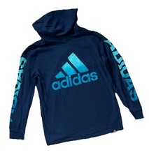 Adidas Boys Hooded Long Sleeve Shirt Navy Blue Graphic Logo Medium 10/12