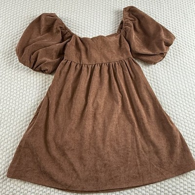 Audrey Parks Brown S Corduroy Mini Babydoll Puff Sleeve Tie Back Francesca's  