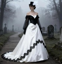 Gothic Black White Wedding Dresses Off Shoulder Long Sleeves Vintage Bridal Gown