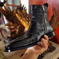 Handmade Men's Black Crocodile Print Leather Boots Formal Dress Business Boot