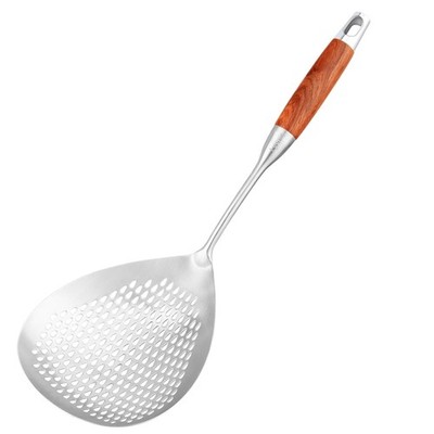 Large Slotted Spoon with Long Wooden Handle - Lyveit 16 Inch Deep Silver 