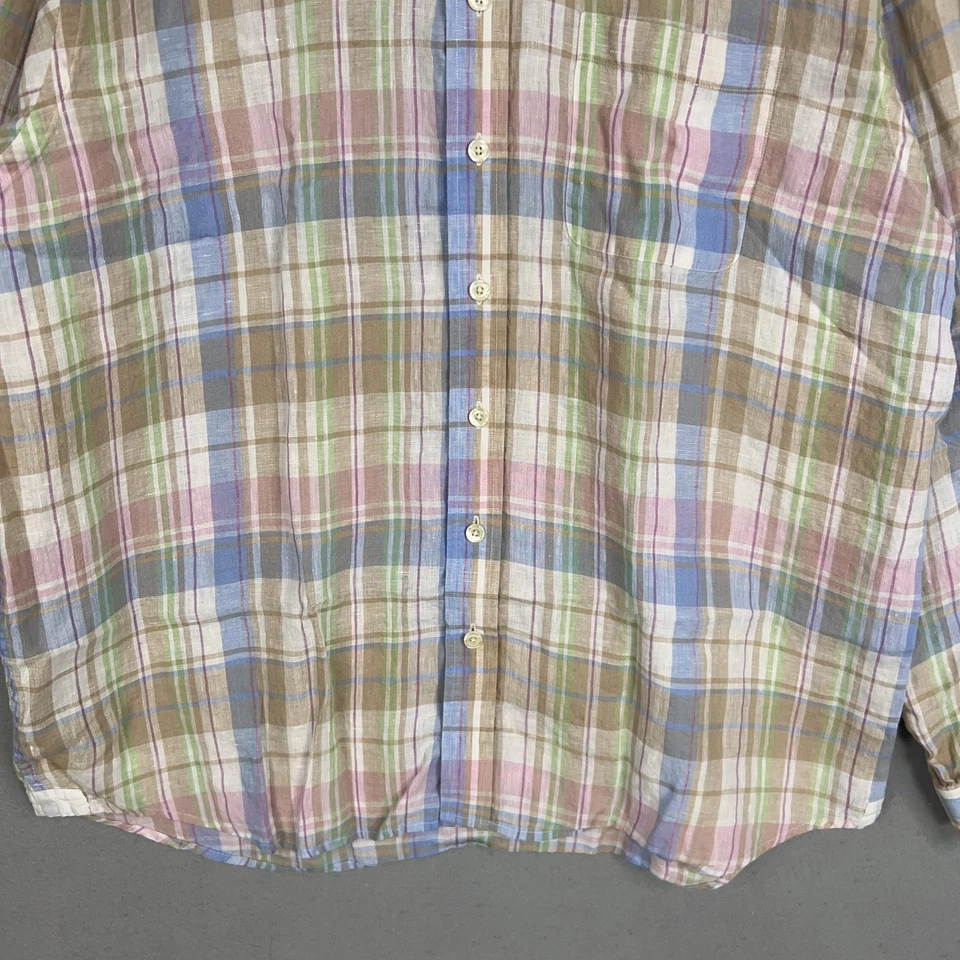 Camisa Mine Para Hombres XL Azul Rosa Verde Vestido a Cuadros Preppy Coastal Resort 100% Lino Foto 3 de 4
