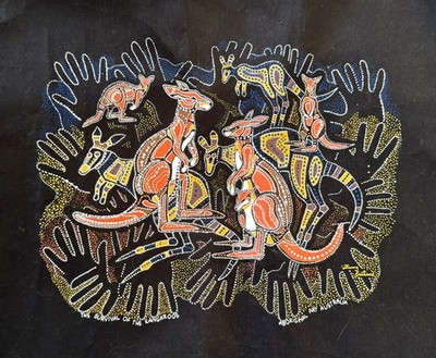 AUSTRALIAN ABORIGINAL ART ''Survival of the Kangeroos'' by Eastwood 20 by 16 3/4''