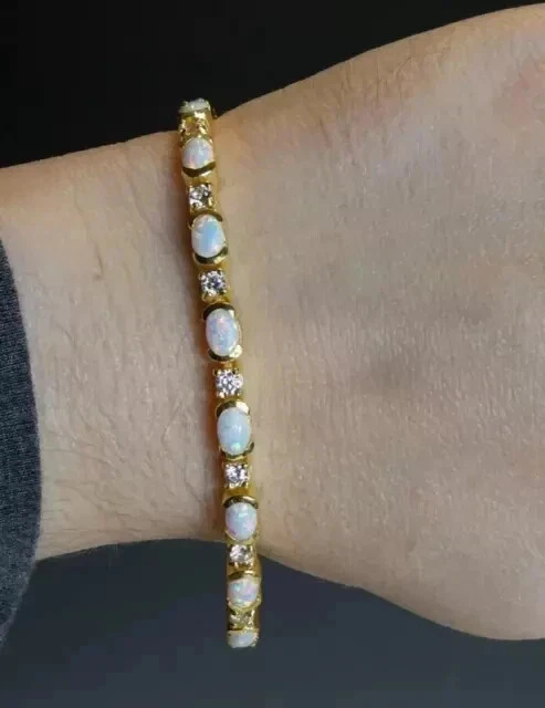 Pulseira de tênis 10 quilates corte oval criada em laboratório opala fogo presente folheada a ouro amarelo 14K - Imagem 2 de 4