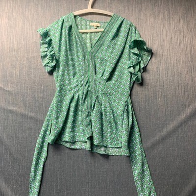 Max Studio Women's Blouse Size S Green Floral Print Ruffle Sleeves Tie Front