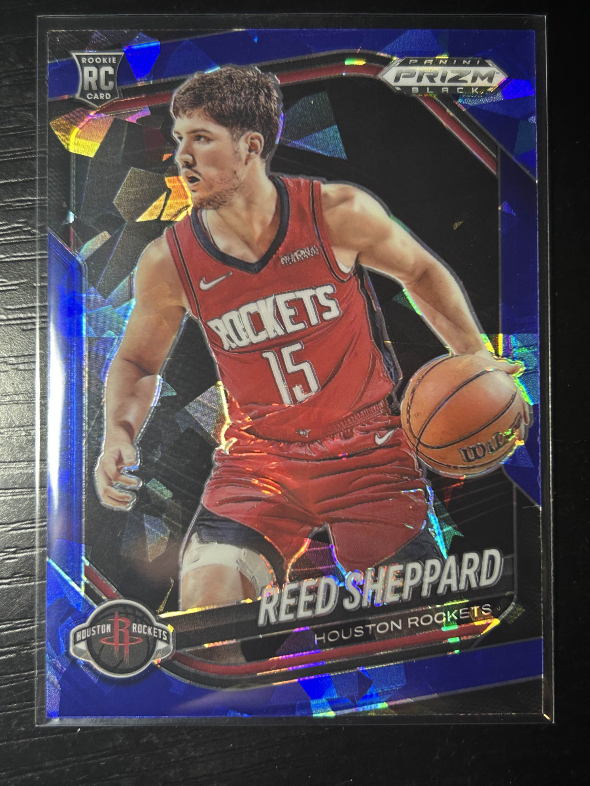 Reed Sheppard 2024 Prizm Black #145 Blue Ice Prizm /125 Rookie RC Rockets