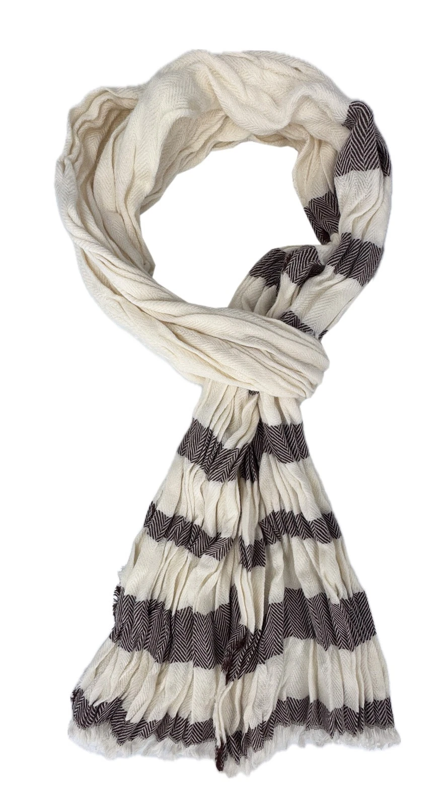 Lightweight Cotton Scarf Crinkle Look Stripe Pattern Brown White Unisex