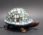 Vintage Tiffany Style Stained Glass Turtle Table Lamp Bronze Brass 8” Multicolor