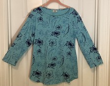 Cotton Lani Blue Floral 100% Cotton Top, Size S, USA-made, 3/4 Sleeves
