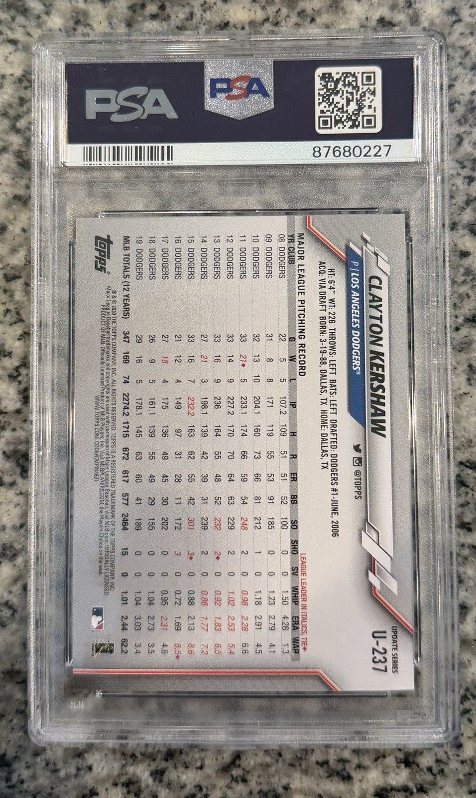2020 Topps Update Clayton Kershaw #U237 SP PSA 10 view 2