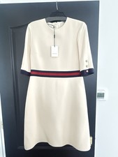 GUCCI Beige Wool-Silk Woven SYLVIE WEB Detailed A-Line Dress 46