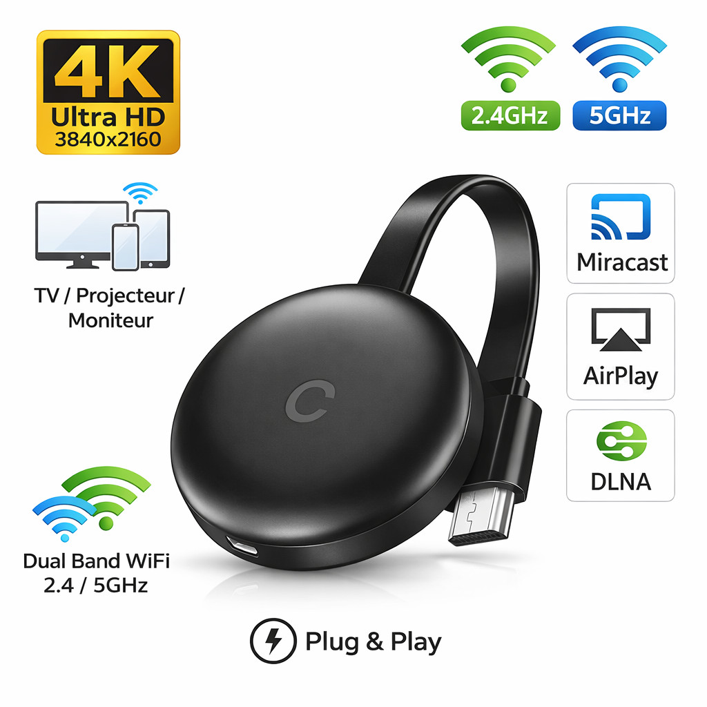 Dongle HDMI 4K WiFi 2.4/5GHz adaptateur Miracast AirPlay DLNA TV et projecteur