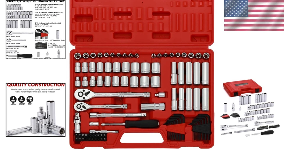94-Piece Chrome Vanadium Socket Set with Ratchet & Extension Bars - SAE & Metric - Image 2 of 4
