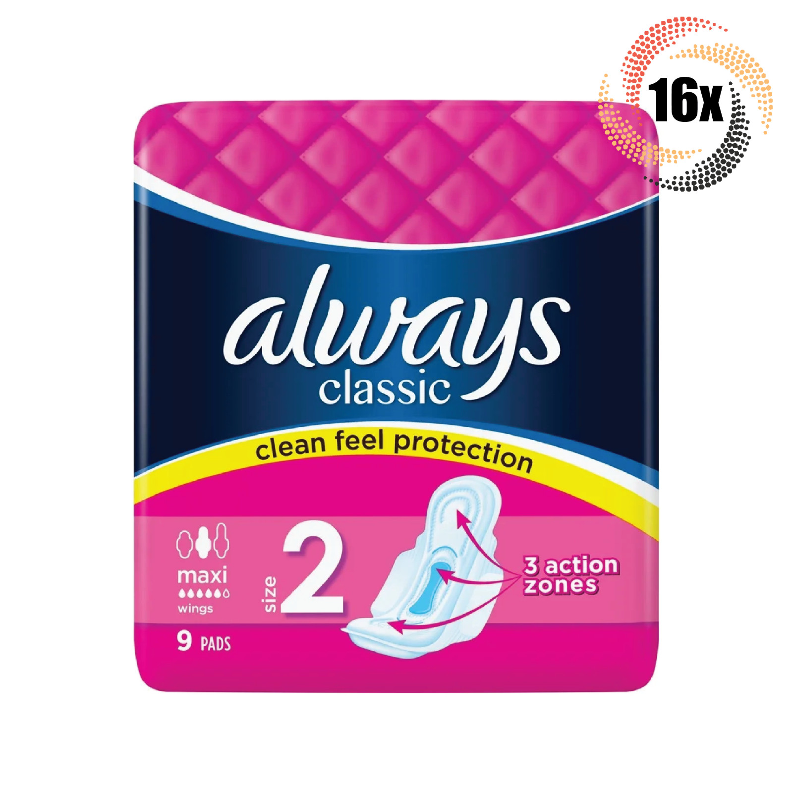16x Packs Always Maxi Classic Clean Protection Wings Pads 9 Per Pack Size 2 12790₽