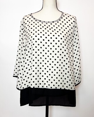 W5 Black and White Polka Dot Elegant Blouse 3/4 Sleeves, Size XL - FREE SHIPPING