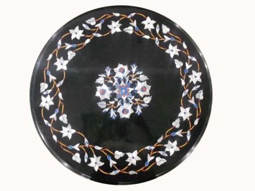 12-Inch Floral Inlay Marble Tabletop with Semi-Precious Stones