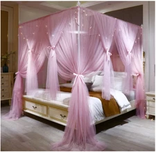 VETHIN 4 Corners Princess Bed Canopy Double Layer Mosquito Net Queen Pink