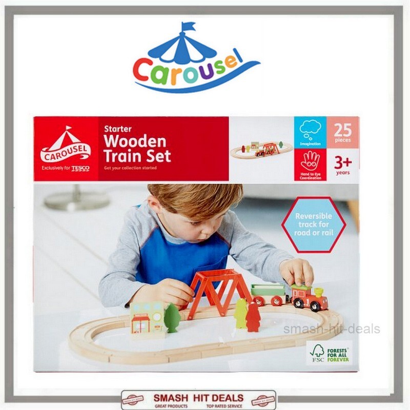 Carousel Starter Wooden Train Set 25 Piece Reversible Road or Rail 