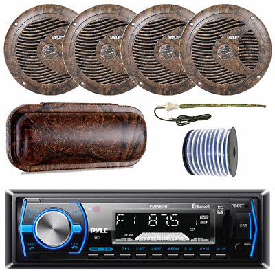 Pyle Marine Bluetooth Black Radio + Cover, 4x 6.5'' 150W Speakers, Antenna, Wire