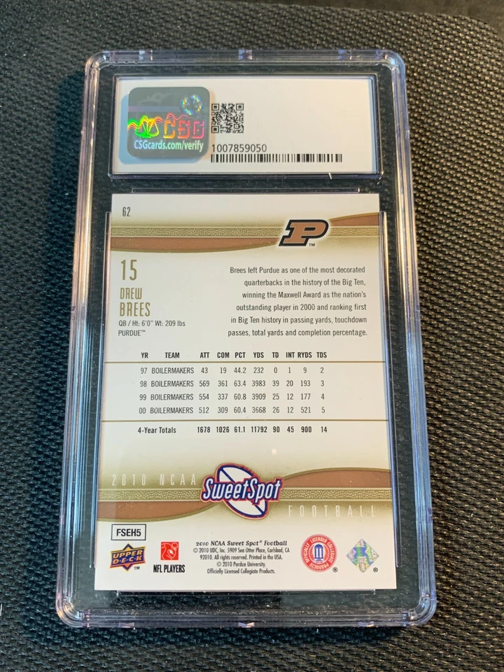 2010 Upper Deck Sweet Spot DREW BREES #62 CSG 9 Mint Purdue - Image 2 of 2