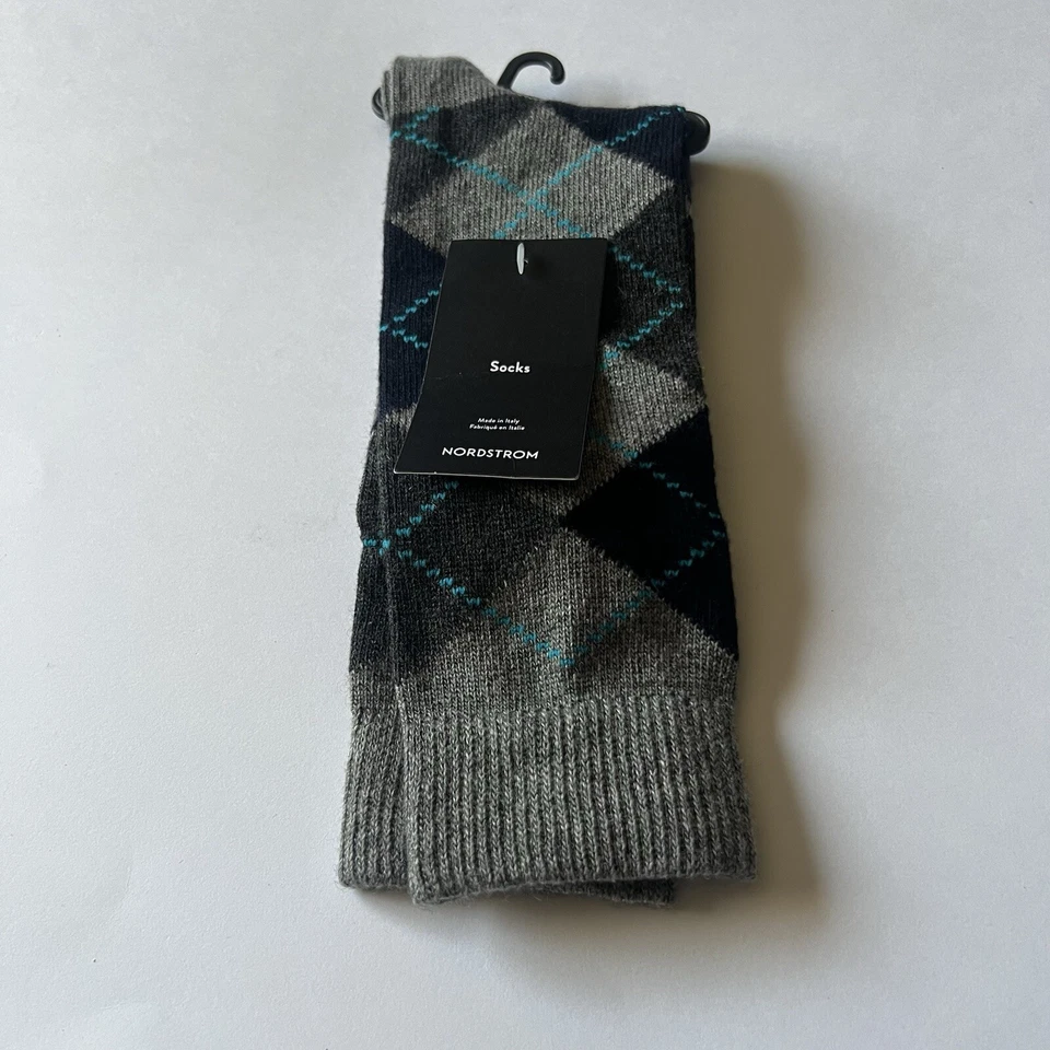 NORDSTROM 男式现金混合 ARGYLE SOCKS 蓝色灰色 OS 全新带标签 — 第 2/4 张图片