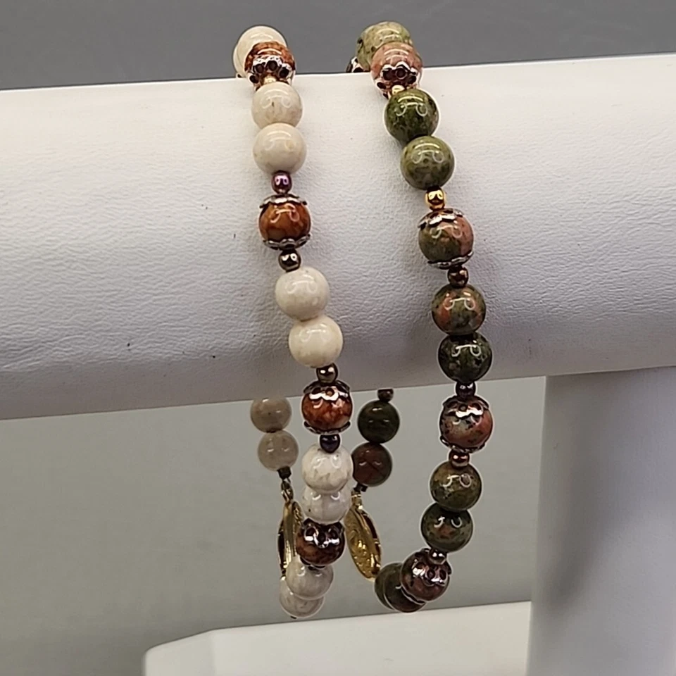 Lote de 2 pulseras con cuentas de piedra Unakita verde crema 7,5" Foto 3 de 4