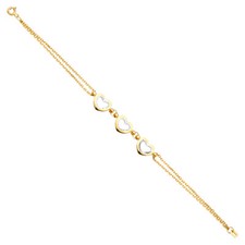 Real 14K Yellow Gold Triple Heart Bracelet Rolo Chain 8'' Womens Girls