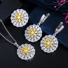 Pretty Flower Round Drop Earrings Necklace Ring Silver Plated Zircon Jewelry Set