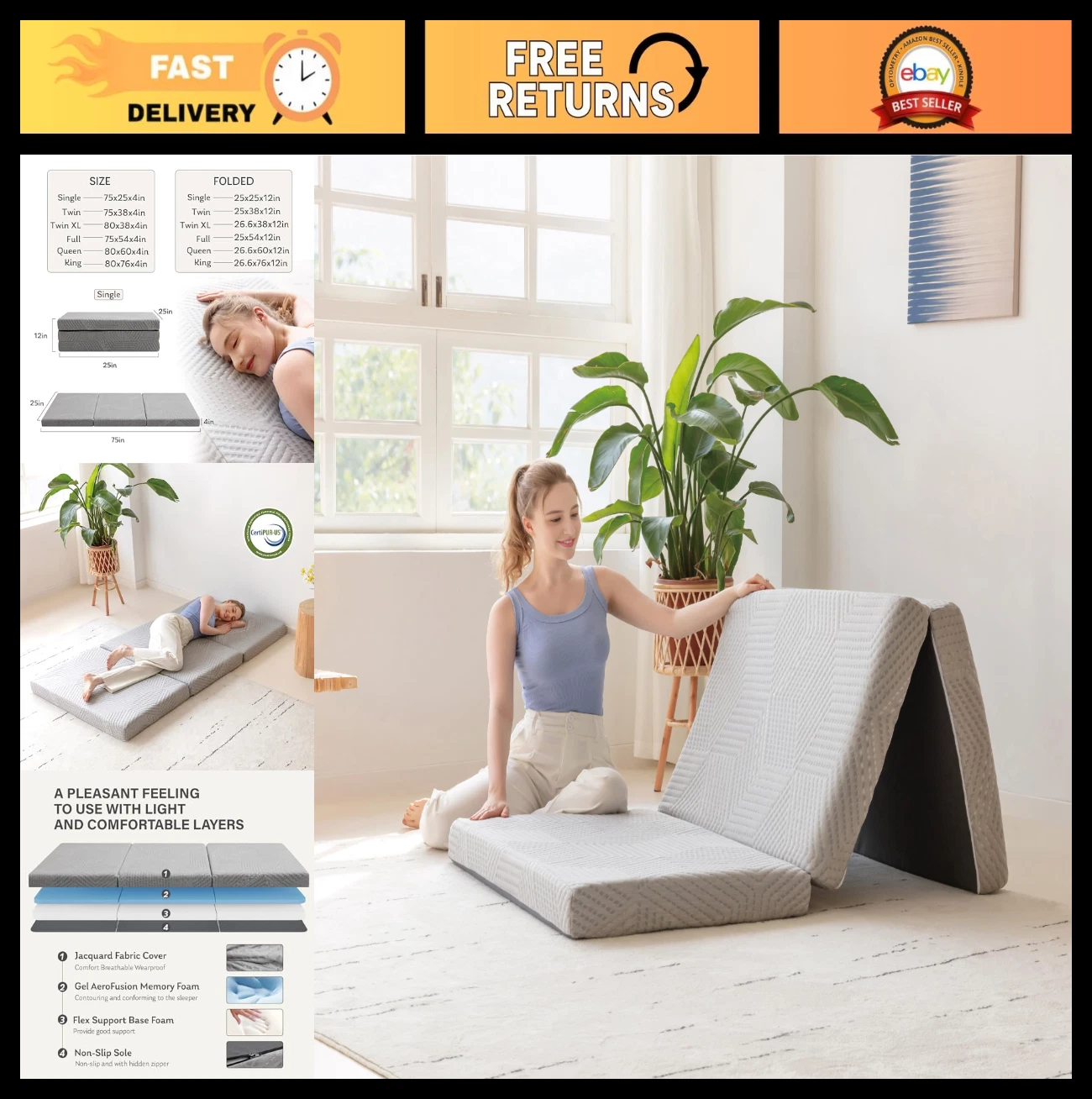 4" Tri-Fold Memory Foam Mattress Topper, Washable Cover, Portable Guest Bed, 75"