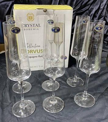 New Bohemia Crystal 9.5  Champagne Flutes 6 Pc set Corvus  Czech Republic