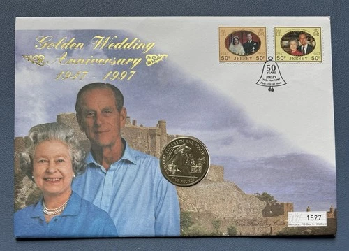 1997 Jersey £5 Coin In PNC.  QEII Golden Wedding. 2 Stamps. 1527