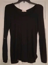 "Paper + Tee" Womens Top, Size Small, Black, Ivory Lace Back, Roll Tab Sleeves