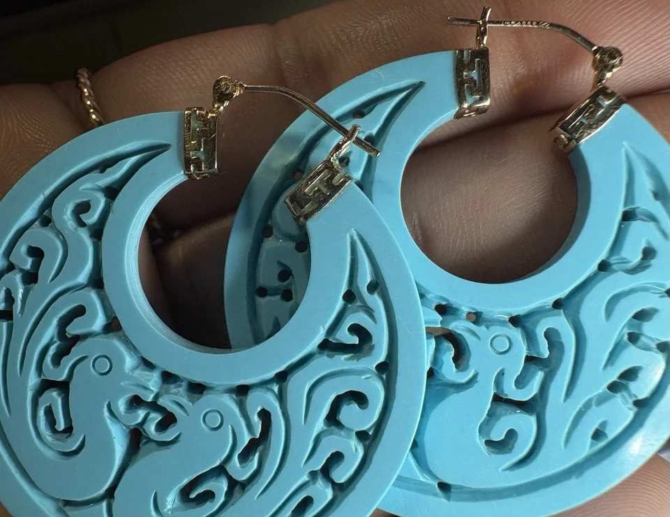 14k Yellow Gold Sleeping Beauty Turquoise Earrings Hoop Phoenix Bird 14G 43.7MM - Image 4 of 4