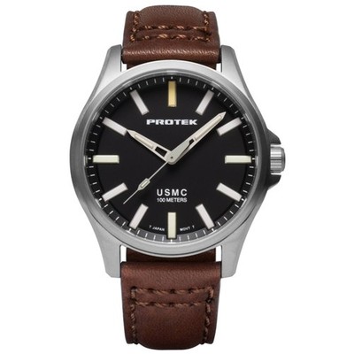 Protek Men's Watch USMC Series Quartz Black Dial Dark Brown Leather Strap 3101