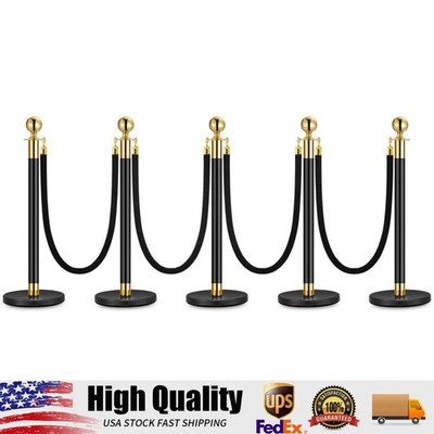 Stainless Steel Stanchions & Black Velvet Ropes Set, 5PCS Poles & 4PCS 5FT Ropes