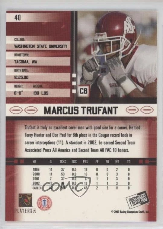 2003 Press Pass JE Marcus Trufant #40 Rookie RC - Image 2 of 2