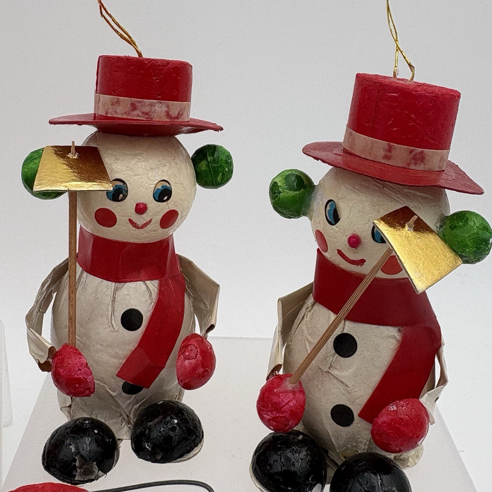 Vintage 1960s Taiwan Paper Mache Snowman Ornaments Set of 7 Red Hat Christmas