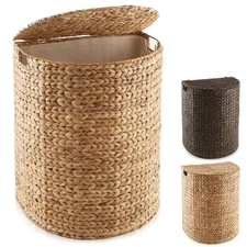 Half Moon Laundry Hamper Clothes Basket with Lid & Liner, Woven Hyacinth Wicker