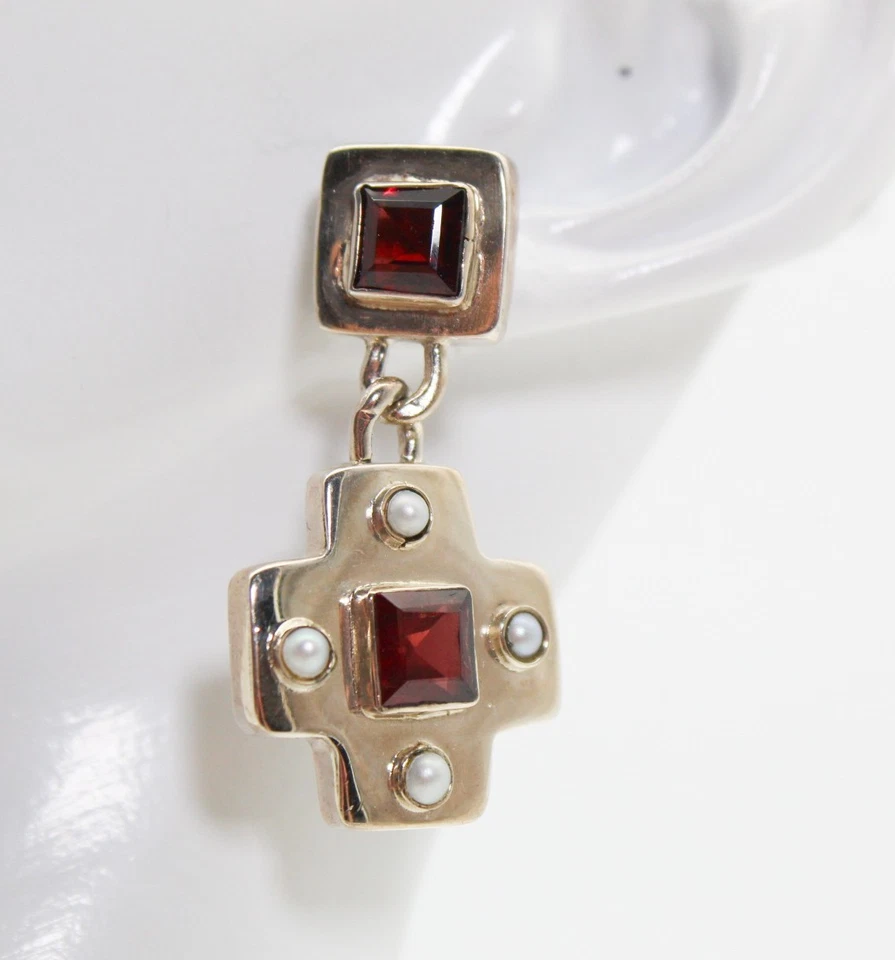 Vtg Sterling Silver Guadalupe Cross Garnet & Natural Pearl Pierced Earrings - Image 2 of 4