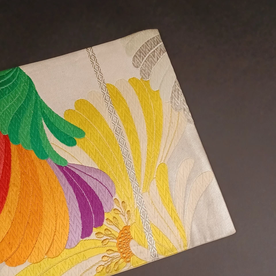 Broccato d'argento giapponese Fukuro Obi - Cintura kimono multicolore al... - Immagine 3 di 4