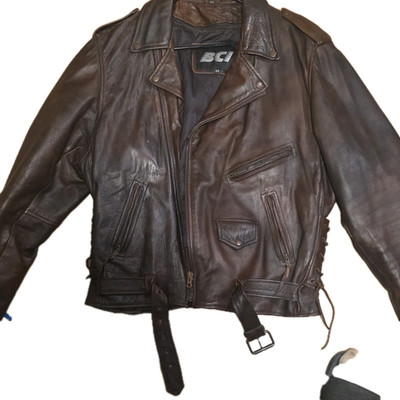 BCI Brown Leather Biker Jacket Men Size 50 Belted Full Zip Point Collar