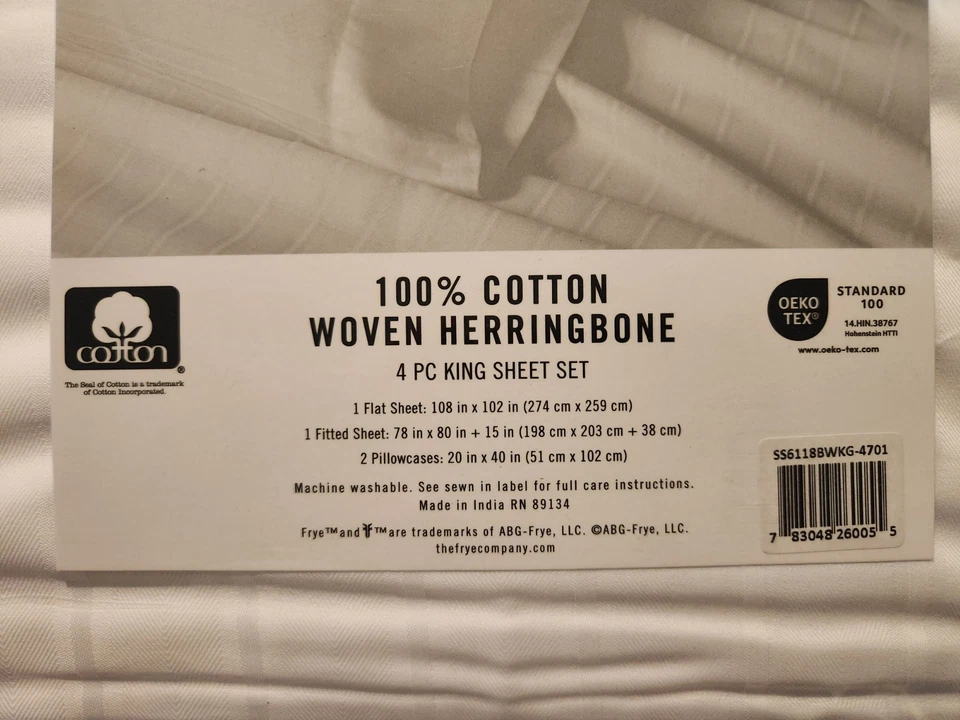 NEW FRYE King Sheet Set 100% Cotton Woven Herringbone 4 PC in White-Original Bag - Image 3 of 3
