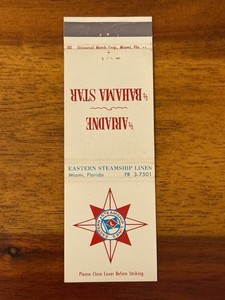 Eastern Steamship Lines Matchbook Cover SS Ariadne Bahama Star Miami Florida