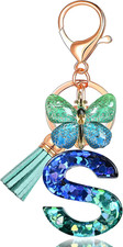 Initial letter Keychains for Women Tassel Butterfly Pink Purple Cute Car Keychai