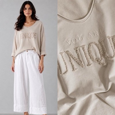 Sweatshirt Beige Unique 36 38 40 Neu Beflockt Damen Shirt Sweater V Neck bequem