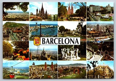 Postcard Barcelona Multiple Views Statues Landmarks Spain