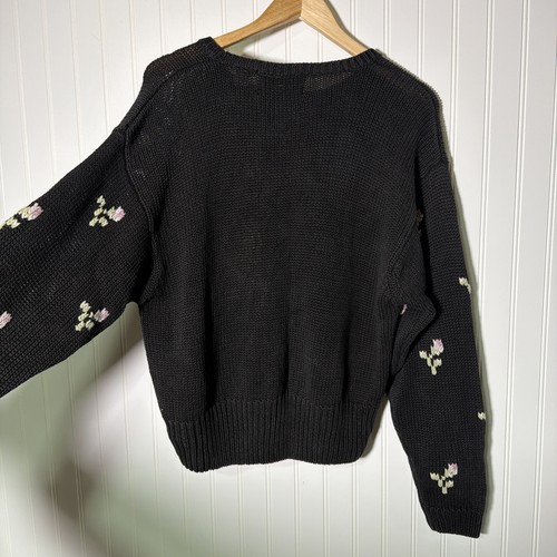 Vintage 90s Hand Knit Silk Cotton Black Spring Floral Sweater Grandma Cottage L - Afbeelding 15 van 15